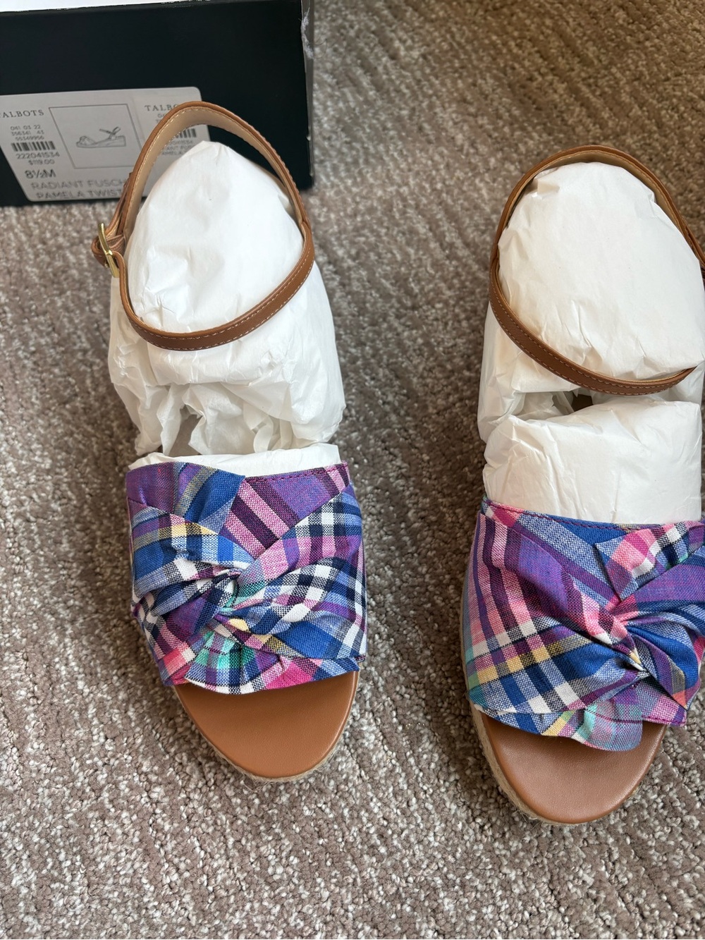 NWT Talbots Multi-Color Plaid Knot Front Slingback Sandals with Tan Straps - Picture 3 of 7